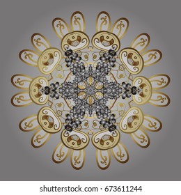Vector illustration. Christmas frame with abstract golden snowflakes and dots on gray background.