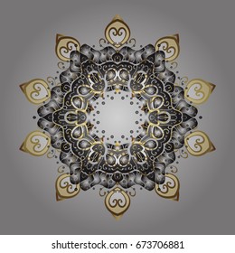 Vector illustration. Christmas frame with abstract golden snowflakes and dots on gray background.