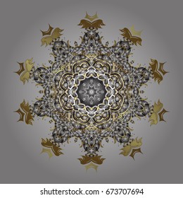 Vector illustration. Christmas frame with abstract golden snowflakes and dots on gray background.