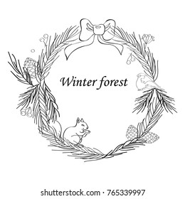 Vector illustration, Christmas frame with forest and celebratory elements. Branches of fir, cones, a candle, a bell, stars. The inscription Winter fairy tale. Black and white line