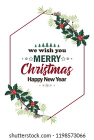 Vector illustration of Christmas frame with pine branches and mistletoe. Happy Christmas greeting card. Happy New Year