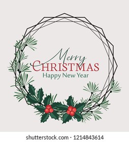 Vector illustration of Christmas frame with pine branches and mistletoe. Happy Christmas greeting card