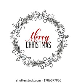 Vector illustration of Christmas frame with pine branches and mistletoe. Happy Christmas greeting card. Happy New Year