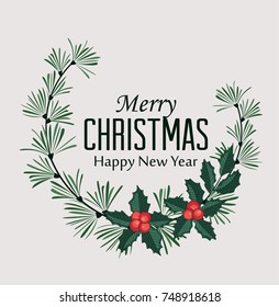 Vector illustration of Christmas frame with pine branches and mistletoe. Happy Christmas greeting card