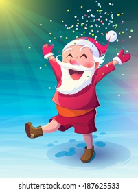 Vector illustration Christmas. Funny cartoon fun walking Santa Claus. Laughs and throws confetti in the rays of light on the snow-covered area.