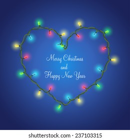 Vector illustration. Christmas garland LED in the form of heart on a red background.