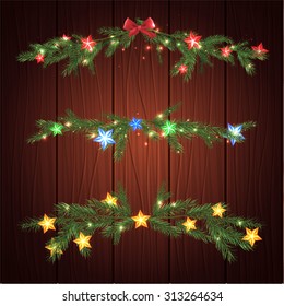 Vector illustration of christmas garlands with green, red, blue and yellow lanterns on a dark night background. Beautiful decorative elements for New Year postcard, poster, print or invitation.