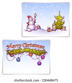 Vector illustration of Christmas Gate with snowman ant fir-tree.