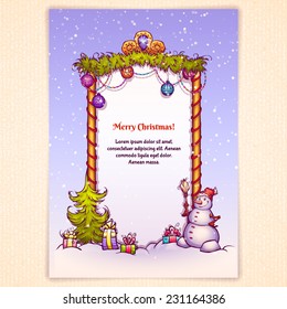 Vector illustration of Christmas Gate with snowman ant fir-tree.