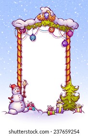 Vector illustration of Christmas Gate with snowman and fir-tree.