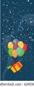 Vector illustration of a christmas gift up in the air with many balloons.