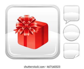 Vector illustration of christmas gift box icon. Blank button form set - square, speaking bubble, circle, sticker.
