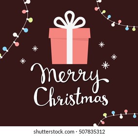 Vector illustration of christmas gift box with handwritten text merry christmas and colorful garland on dark background. Bright color. Hand draw flat design for web, site, poster, greeting card