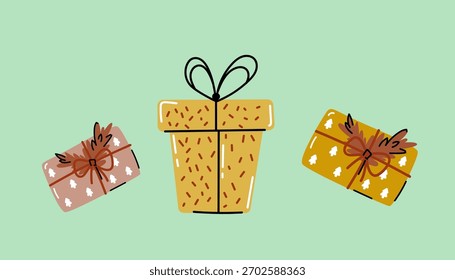 Vektorgrafik von Weihnachtsgeschenkboxen mit Bändern auf grünem Hintergrund. Festliches Urlaubsdesign für Grußkarten, Poster oder Winterdekorationen.