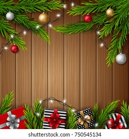 Vector illustration of Christmas gift boxes with christmas balls and fir branches on bright wooden background