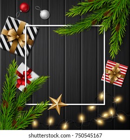 Vector illustration of Christmas gift boxes with christmas balls and fir branches on dark wooden background