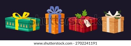 Vector illustration of Christmas gift boxes with ribbons and bows isolated on a dark purple background.