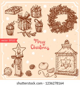 Vector illustration of christmas gift boxes,muffins,christmas lamp with candle, wreath,text Merry Christmas on background with abstract paper texture. Lantern,tangerine set sketch.Linear art 