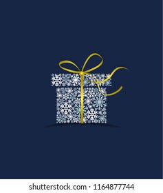 Vector illustration of a Christmas gift made from snow on a blue background. Merry Christmas card with snowflakes