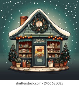 vector illustration christmas gift shop, winter card, new year gifts, winter, shop window, lanterns, snow, cute house, christmas tree, wreath, decorations, christmas sale