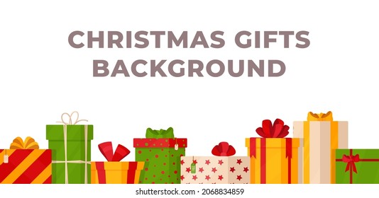 Vector illustration of christmas gifts background. Beautiful banner of colorful gifts. Gift boxes.