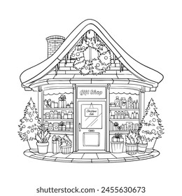 vector illustration christmas gifts, coloring book, shop with gifts, winter card, new year gifts, winter, shop window, lanterns, snow, cute house, christmas tree, christmas wreath, christmas decoratio