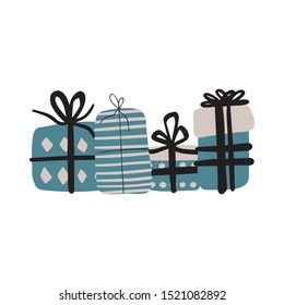 Vector illustration with christmas gifts.  Illustration flat style for greeting cards, packaging, postcard, banners.Happy winter vacation.