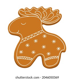 Vector illustration of a Christmas ginger cookie in the form of a deer isolated on a white background.