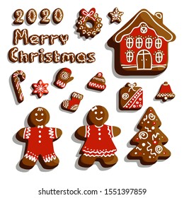 Vector illustration of christmas gingerbread cookies. An isolated image of christmas food. House, people, tree, letters, sweets.