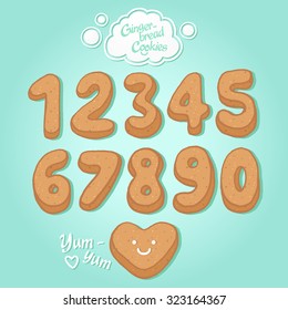 Vector illustration of Christmas gingerbread cookies numbers and heart. Cute cartoon set. Symbols for posters, wrapping paper, greeting cards, textile, invitations, cafe menu, pastry shop, bakery.