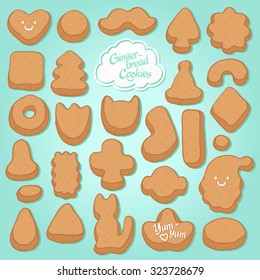 Vector illustration of Christmas gingerbread cookies. Cute cartoon set. Symbols for posters, wrapping paper, greeting cards, textile, invitations, cafe menu, pastry shop, bakery.