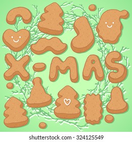 Vector illustration of Christmas gingerbread cookies. Cute cartoon set. Symbols for posters, wrapping paper, greeting cards, textile, invitations, cafe menu, pastry shop, bakery.