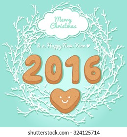 Vector illustration of Christmas gingerbread cookies. 2016 New Year. Cute cartoon set. Symbols for posters, wrapping paper, greeting cards, textile, invitations, cafe menu, pastry shop, bakery.