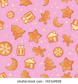 Vector Illustration of Christmas gingerbread cookies seamless pattern. Ginger cookies on pink background.