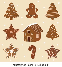 Vector illustration of Christmas gingerbread, food for winter holidays. Christmas tree, cane, house, snowflake, gingerbread man.
