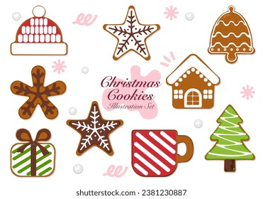 Vector illustration Christmas Gingerbread Christmas gingerbread and homemade sweet sugar-coated cookie stars or winter food biscuit set isolated.