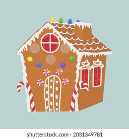 Vector illustration of a Christmas gingerbread house with a chimney isolated on a light background, decorated with cookies and sweets
