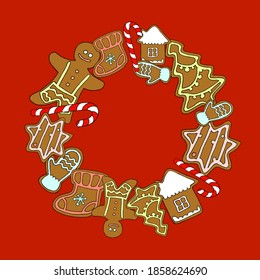 Vector illustration Christmas gingerbread and lollipops in a circle on red background. For decoration, postcard, greeting card