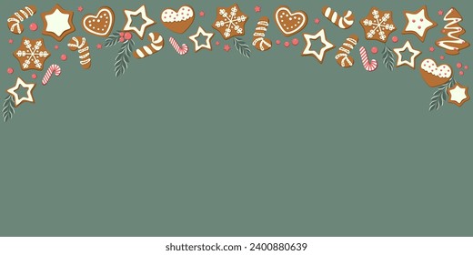 Vector illustration. Christmas gingerbread on a pastel green background. Background, Merry Christmas, concept of New Year holidays