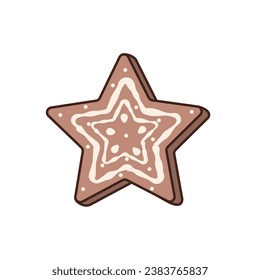 Vector illustration of Christmas gingerbread star. Sweet festive cookies with glaze and decorations. Isolated element
