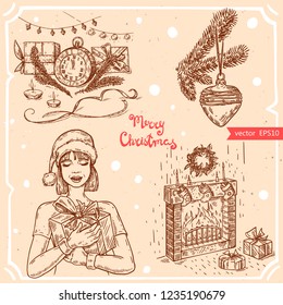 Vector illustration of christmas girl with gift box, clock,christmas tree branch,candle, christmas fireplace text Merry Christmas on background with abstract paper texture.Linear art in vintage style