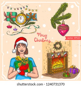 Vector illustration of christmas girl with gift box, clock,christmas tree branch,candle, christmas fireplace text Merry Christmas on background with abstract paper texture.Linear art in vintage style