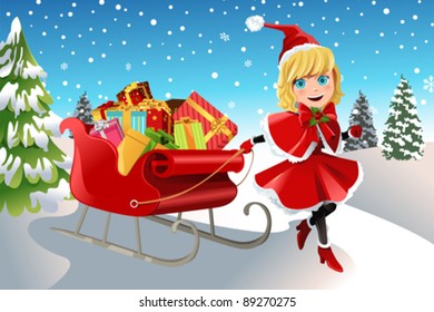 A vector illustration of a Christmas girl pulling a sleigh full of Christmas presents