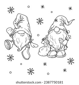 Vector illustration of Christmas gnomes doodle style hand drawing.