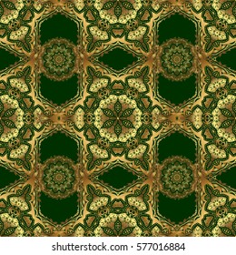 Vector illustration. Christmas gold snowflakes seamless pattern. Golden glitter snowflakes on a green background. Winter snow design wallpaper. Symbol holiday, New Year 2018 celebration.