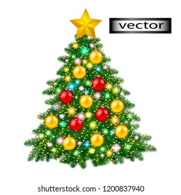 Vector illustration of Christmas green realistic 3D Christmas tree decorated with confetti sequins and glass balls in red and gold color for Christmas holiday garland with lights traditional decor