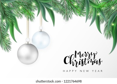 Vector illustration of christmas greeting card template with hand lettering label - merry christmas - with realistic spruce and eucalyptus branches, beads and hanging baubles.