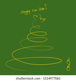 Vector illustration Christmas greeting card with a stylized golden Christmas tree in the form of a spiral with a rat's head, Happy New Year signature, numbers 2020 on a dark green background.