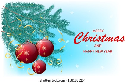 Vector illustration. Christmas Greeting Card with the image of spruce of sprigs, snowflakes, Christmas balls with highlights and gold ribbons, with text, Merry Christmas and Happy New Year
