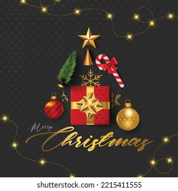 vector illustration of Christmas greeting card. Christmas tree shaped gifts and decorative ensemble